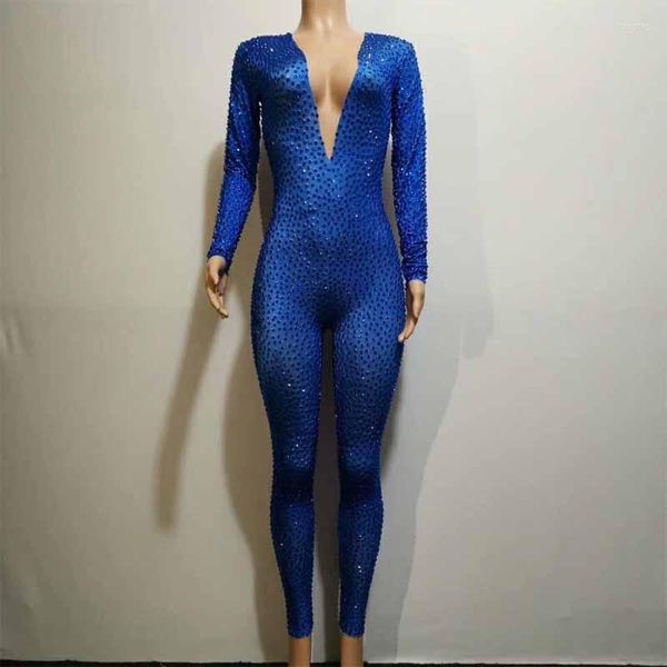 Stage Wear Strass Décoration Combinaison Femmes Anniversaire Célébrer Stretch Costume Bleu Haute Élastique Body Performance Danse Spectacle DJ946