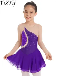 Stage Wear Strass Figure Robe de patinage sur glace Enfant Filles Manches longues Mesh Ballet Gymnastique Justaucorps Costume de compétition professionnelle