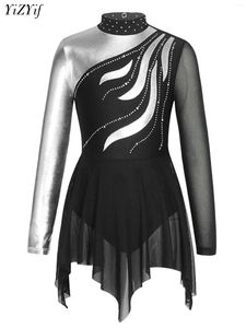 Stadiumkleding Strass Figuur Schaatsen Jurk Meisjes Lange Mouw Metallic Ballet Gymnastiek Turnpakje Jumpsuit Competitie Prestaties Kostuum