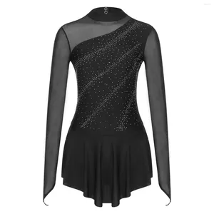 Stage Wear Strass Figure Patinage sur glace Robe de danse Femmes à manches longues Mesh Brillant Ballet Gymnastique Justaucorps Costume lyrique