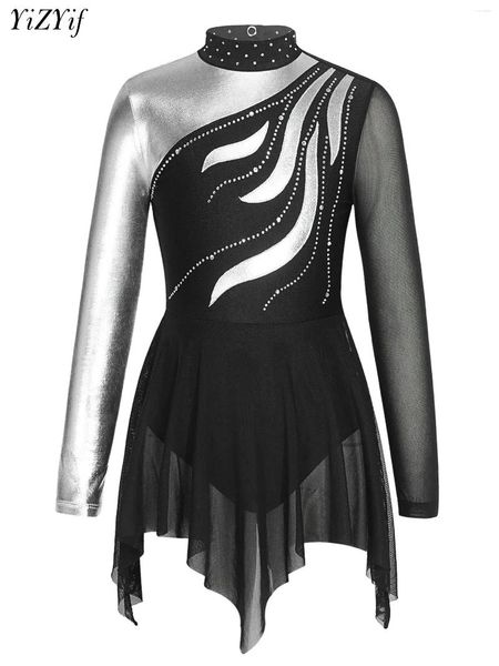 Stage Wear Strass Figure Robe de patinage sur glace Filles à manches longues Ballet métallique Gymnastique Justaucorps Combinaison Compétition Performance Costume