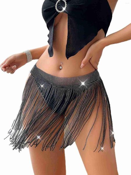 Etapa desgaste Rhinestone Fringe Cinturón Falda Black Sparkly Wrap Faldas Crystal Belly Dance Borla Hip Bufanda Rave Mujeres