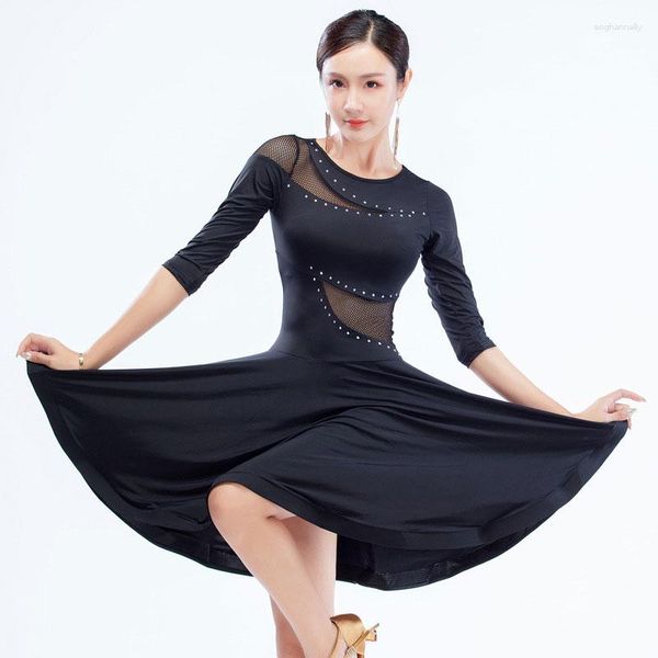 Vêtements de scène strass Costumes de danse latine pour les femmes vêtements de danse noirs robes de danse de salon pour adultes