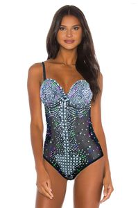 Stage Wear Strass Spaghetti Strap Body Cristal Agrémenté Bloc Bejewlered Tank Camis Body Suit Noir