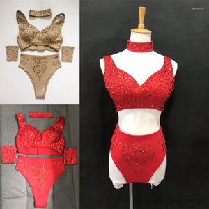 Stage Wear Strass Bikini Set Sexy DJ Pole Dancing Costume Discothèque Bar Danseur Crystal Party Rave Performance Outfit Rouge