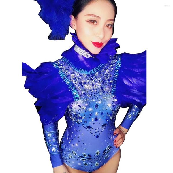 Stadiumkleding Strass Veren Decoratie Koningsblauw Jumpsuits Sets Sparkly Kleding Voor Vrouwen Dame Nachtclub Prestaties