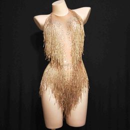 Stage Wear Rhinestones Jumpsuit Stretch Bodysuit Sexy Women Birthday Stage Play Celebre Dress Dancer Party Show Dress LS D240425