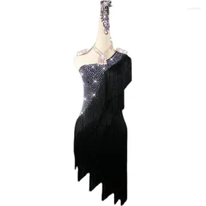 Stage Wear Strass Robe de danse latine pour femmes Black Fringe Latina Femmes Robes de compétition de salle de bal Personnaliser Aldult Enfants