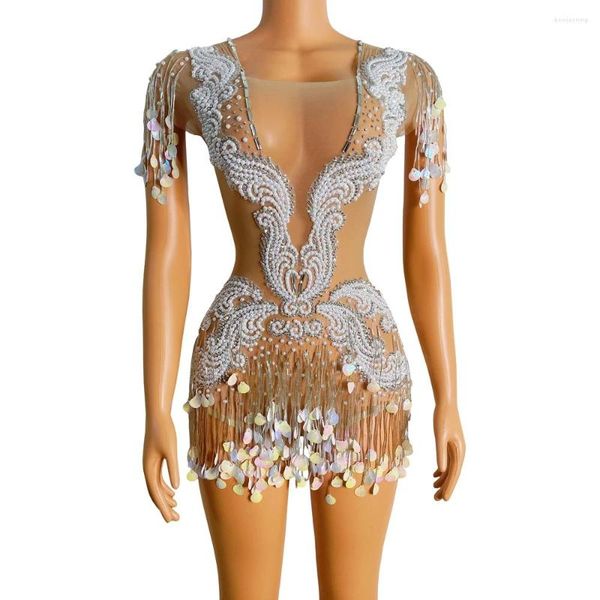 Stage Wear Strass Peals Paillettes Robe courte Sexy Mesh Transparent Danse Femmes Fête Anniversaire Discothèque Tenue