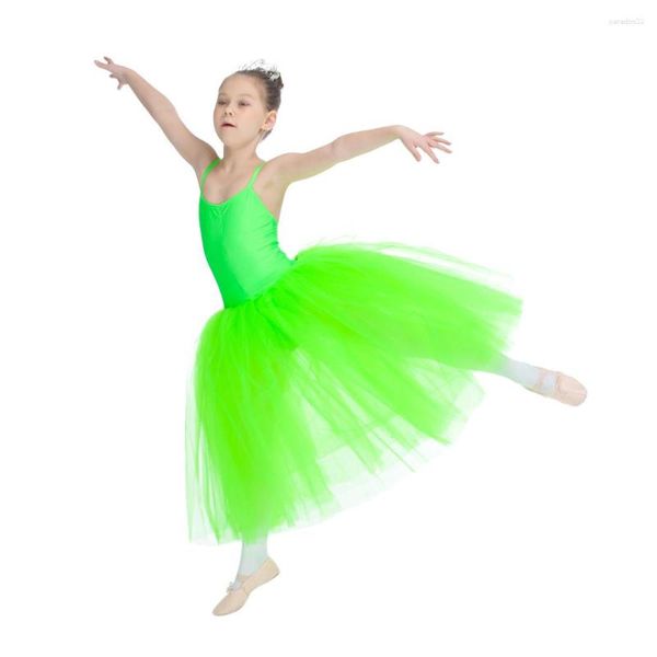 Desgaste de la etapa Vestido de tutú romántico Nylon verde / Lycra Cross Back Leotardo Falda larga de tul suave Niños Mujeres Trajes de ballet Tutus