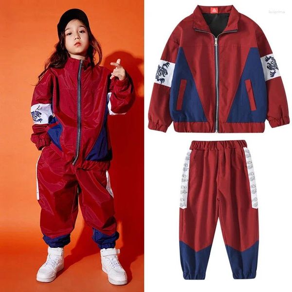 Stage Wear Ropa Hip Hop Dance Costume Rouge Ensemble Jazz Dancing Performance Street Vêtements HipHop Manteau Pantalon Filles Garçon BL3156