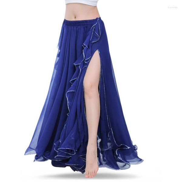 Jupes de danse du ventre bleu Royal de scène porter jupe de Costume Oriental Double haute fentes pour les femmes (sans ceinture)