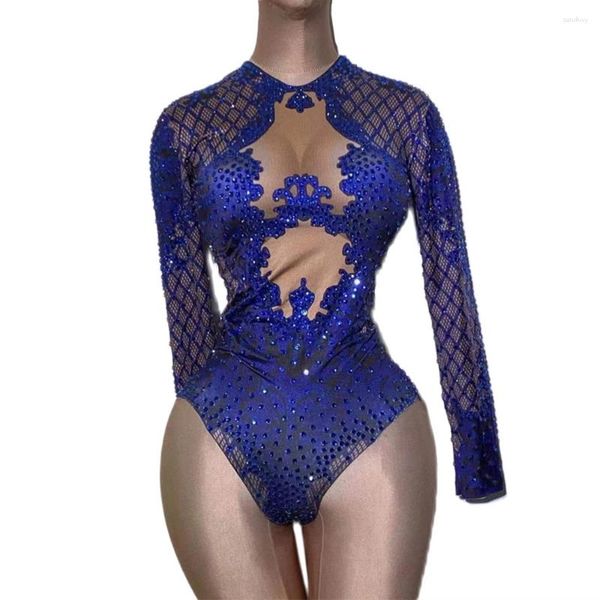 Stage Wear Royal Blue Body Strass Combinaison Femmes Sparkling Crystal Bodycon Party Club DJ Outfit Catwalk Show Costume de danse