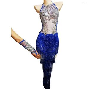 Vêtements de scène bleu Royal longues franges body femmes strass maille gaze Perspective discothèque danse spectacle Performance tenue