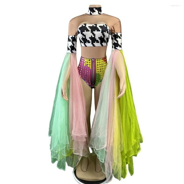 Stage Wear Ruffle Mesh Stretch Spandex Bodys pour femmes Rave Festival Carnaval Show Girl Mardi Gras Célébrer Club Justaucorps