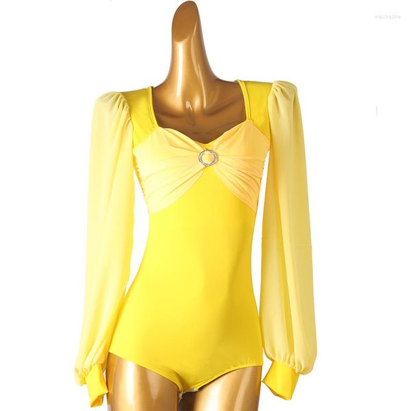 Etapa desgaste S130 amarillo femenino vestido de baile latino mujeres body baile tops vientre salón de baile rendimiento