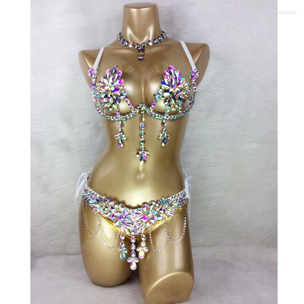 Desgaste de la etapa Samba Carnival Wire Bra Panty Belt Set Hecho a mano 4 piezas Traje de danza del vientre Ropa