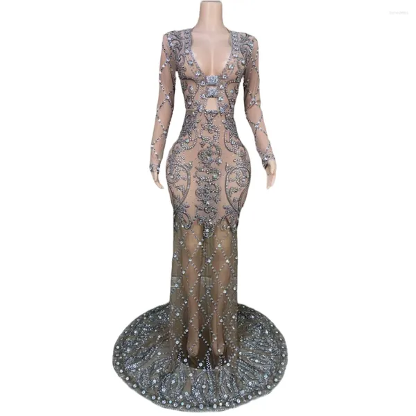 Stage Wear Voir à travers la maille strass robe sexy pour les femmes de luxe robes d'anniversaire en cristal Party Night Club Singer Performance Outfit