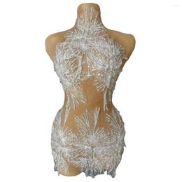 Vêtements de scène Voir à travers des femmes en robe superbe robe d'anniversaire d'anniversaire sexy carnaval rave festival blanc neige perle de perle de perle