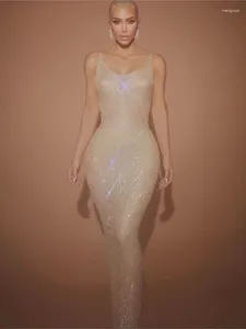 Etapa desgaste venta celebridad kardashian sexy gasa malla diamante tachonado sin mangas ajustado falda larga vestido de alfombra roja