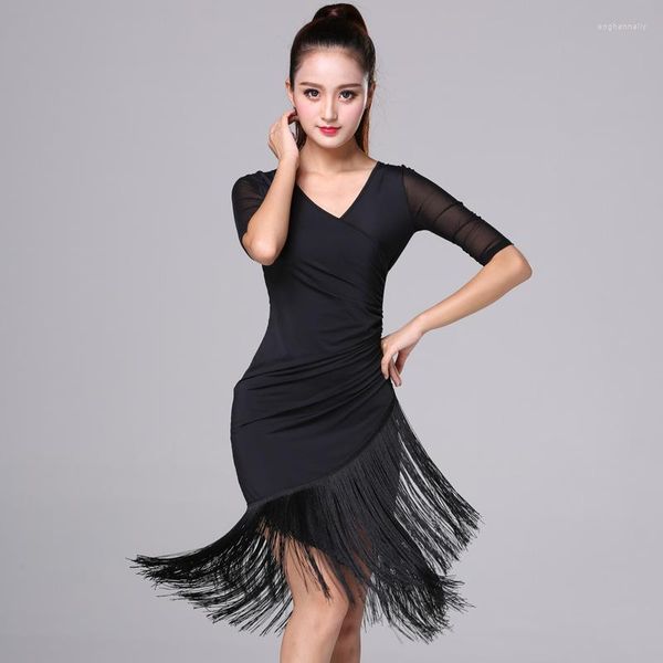 Ropa de escenario Venta de vestidos latinos para mujer Falda de baile Mangas de tango Rumba Vestido de flamenco 2023 Negro