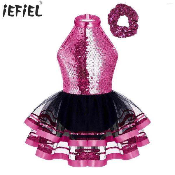 STAGE Wear Sequins Ballet Tutu Robe pour les enfants Girls Gymnastics Workout Mesh Tulle Latin Jazz Costume de danse moderne Ballerina Dancewear