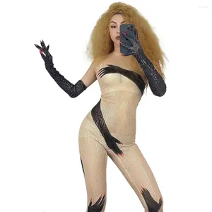 Stadiumkleding pailletten zwarte handen bedrukte jumpsuit handschoenen sexy prestatie kostuum zanger danser show feest verjaardag outfit