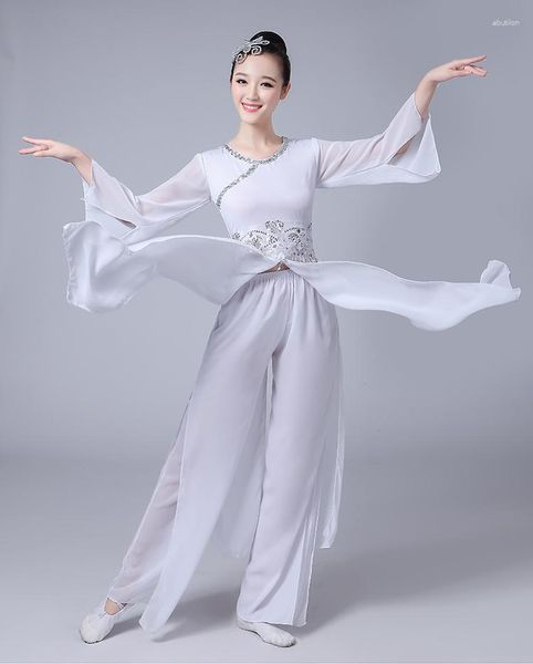 Stage Wear Paillettes Costume de danse Costume folklorique chinois Femme Blanc Yangko 2 pièces Vêtements parapluie national