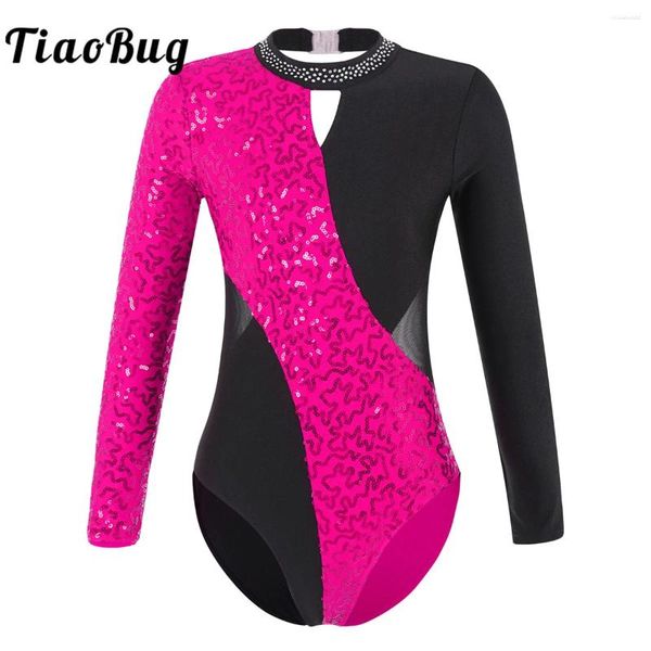 Stage Wear Paillettes Gymnastique Justaucorps Pour Enfants Filles À Manches Longues Creux Out Ballet Danse Compétition Patinage Sur Glace Body Combinaison