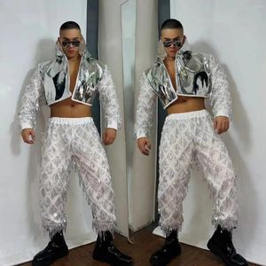 Stadiumkleding Pailletten Hip Hop Kleding Nachtclub Mannelijke Danser Kostuum Zilveren Jas Broek Gogo Danskleding Feest Rave Outfit VDB7390