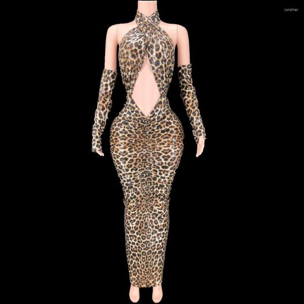 Desgaste de la etapa Lentejuelas Estampado de leopardo Bodycon Sin espalda Vestido largo Vestido de fiesta de noche sexy Traje de club nocturno de cumpleaños Espectáculo