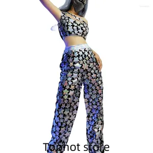 Stage Wear Paillettes Silver Star Laser Miroir Robe courte sans manches Femmes Chanteuse Danseuse Bar Discothèque Anniversaire Bal Spectacle Costume