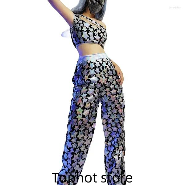 Stage Wear Paillettes Silver Star Laser Miroir Robe courte sans manches Femmes Chanteuse Danseuse Bar Discothèque Anniversaire Bal Spectacle Costume