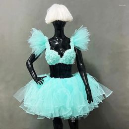 Scary Wear Sexy Bar Costume LED Luminal Puffy Gauze Bikini Kirt Optfits Mint Green Female Singer Dance Team Performance Vêtements