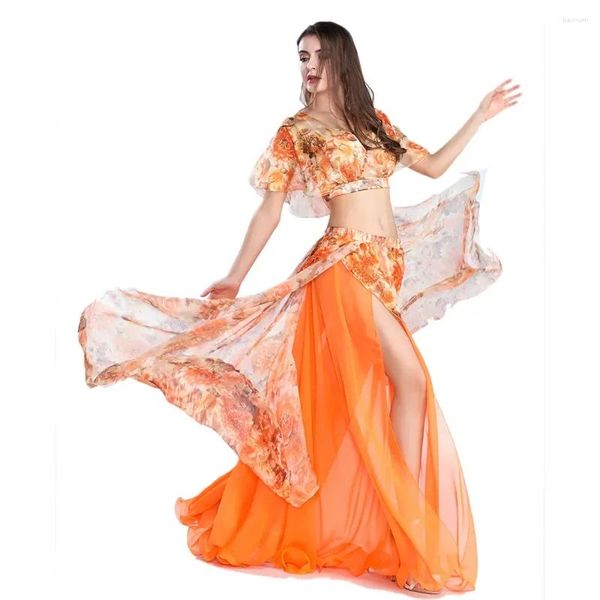 Etapa desgaste sexy danza del vientre falda superior conjunto trajes de baile impreso cultivo práctica ropa trajes -zh8809