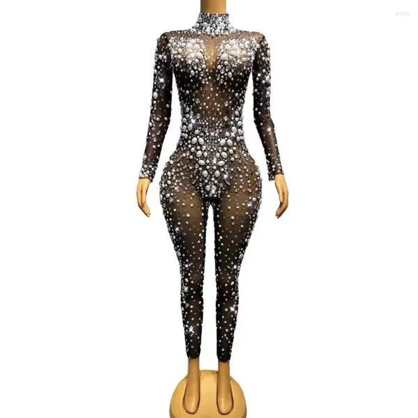 Stadiumkleding Sexy Grote Parels Kristallen Strass Transparante Jumpsuit Avond Verjaardag Vieren Outfit Danser Poshoot Rompertjes