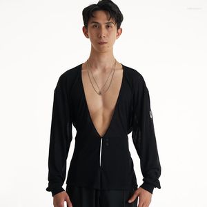 Stage Wear Sexy Big V-Col Chemises en maille Chacha Rumba Tango Robe Latin Dance Tops pour hommes Vêtements modernes Costumes masculins DQS14168