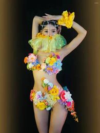 Stage Wear Sexy Club Party Show Rave Tenues Fleurs jaunes Bikini Strass Couvre-chef Performance Festival Gogo Costume de danse