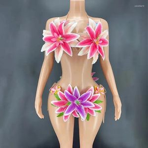 Etapa desgaste sexy colorido flores grandes transparente bikini vestido mujeres bailarina espectáculo estiramiento traje traje noche fiesta fiesta