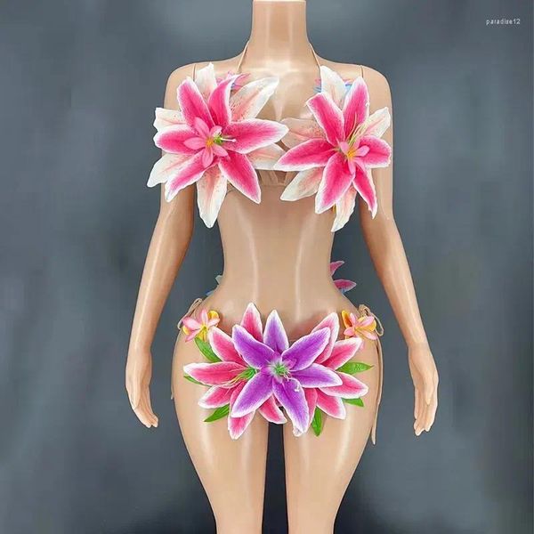 Etapa desgaste sexy colorido flores grandes transparente bikini vestido mujeres bailarina espectáculo estiramiento traje traje noche fiesta fiesta