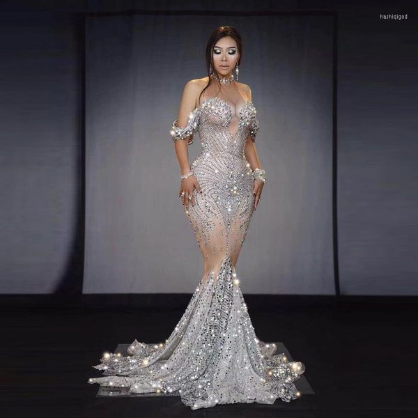 Vêtements de scène Sexy clignotant argent strass robe scintillante femmes anniversaire bal célébrer tenue Bar soirée femmes danseuse