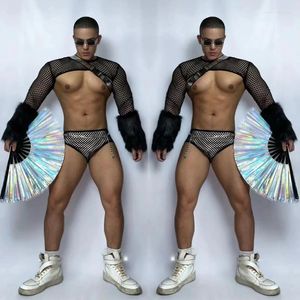 Vêtements de scène Sexy manches en fourrure haut en maille slips hommes vêtements de danse pôle Gogo danseur Costume discothèque Dj Rave tenue XS5047