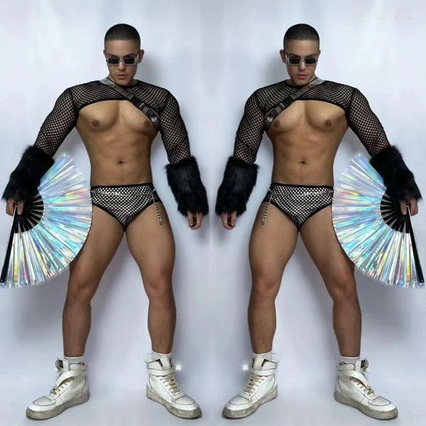 Vêtements de scène Sexy manches en fourrure haut en maille slips hommes vêtements de danse pôle Gogo danseur Costume discothèque Dj Rave tenue XS5047