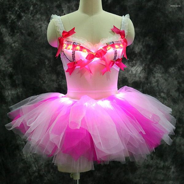 Stage Wear Sexy Girl Bowknot Strass Dentelle Led Bar Jupe Lumineuse Tone Électrique Tutu Soutien-Gorge Costume