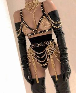 Stage Wear Sexy Gold Chains Bra Outfit Costume Set Dance Prom Party DJ Chanteur Court