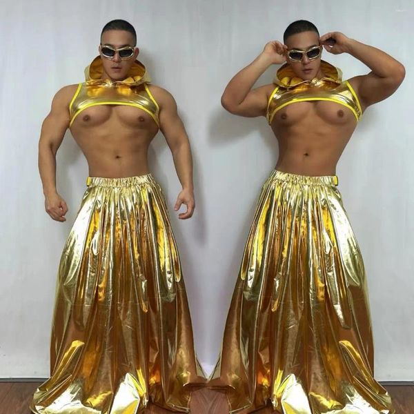 Escenario usar sexy dorado gogo dance ropa tops cortas falda macho carnaval ropa de baile club nocturna bar músculo hombre traje rave traje rave