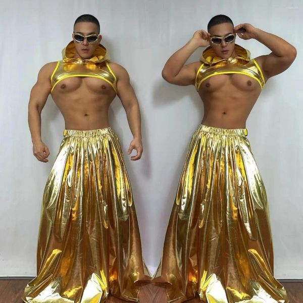 Etapa desgaste sexy oro gogo danza ropa tops cortos falda masculina carnaval dancewear club nocturno bar músculo hombre traje rave traje vdb7993