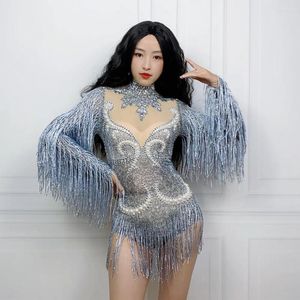 Stadiumkleding Sexy Grijze Fringe Steentjes Parel Transparante Bodysuit Vrouwen Prestaties Kwastje Turnpakje Danskostuum Club Party Outfit