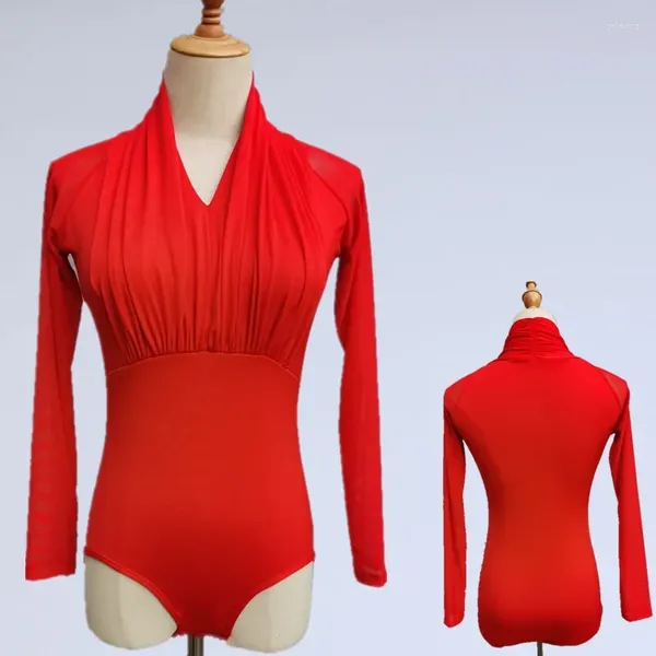 Etapa desgaste sexy baile latino body para mujeres manga larga estiramiento leotardo traje 2024 con cuello en v spandex ropa de ejercicio