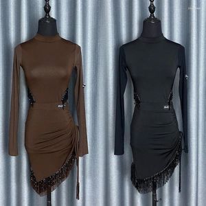 Stadiumkleding Sexy Latin Dance Kleding Lange mouwen Top Omzoomde Rokken Vrouwen Prestaties Kostuum Praktijk SL9488